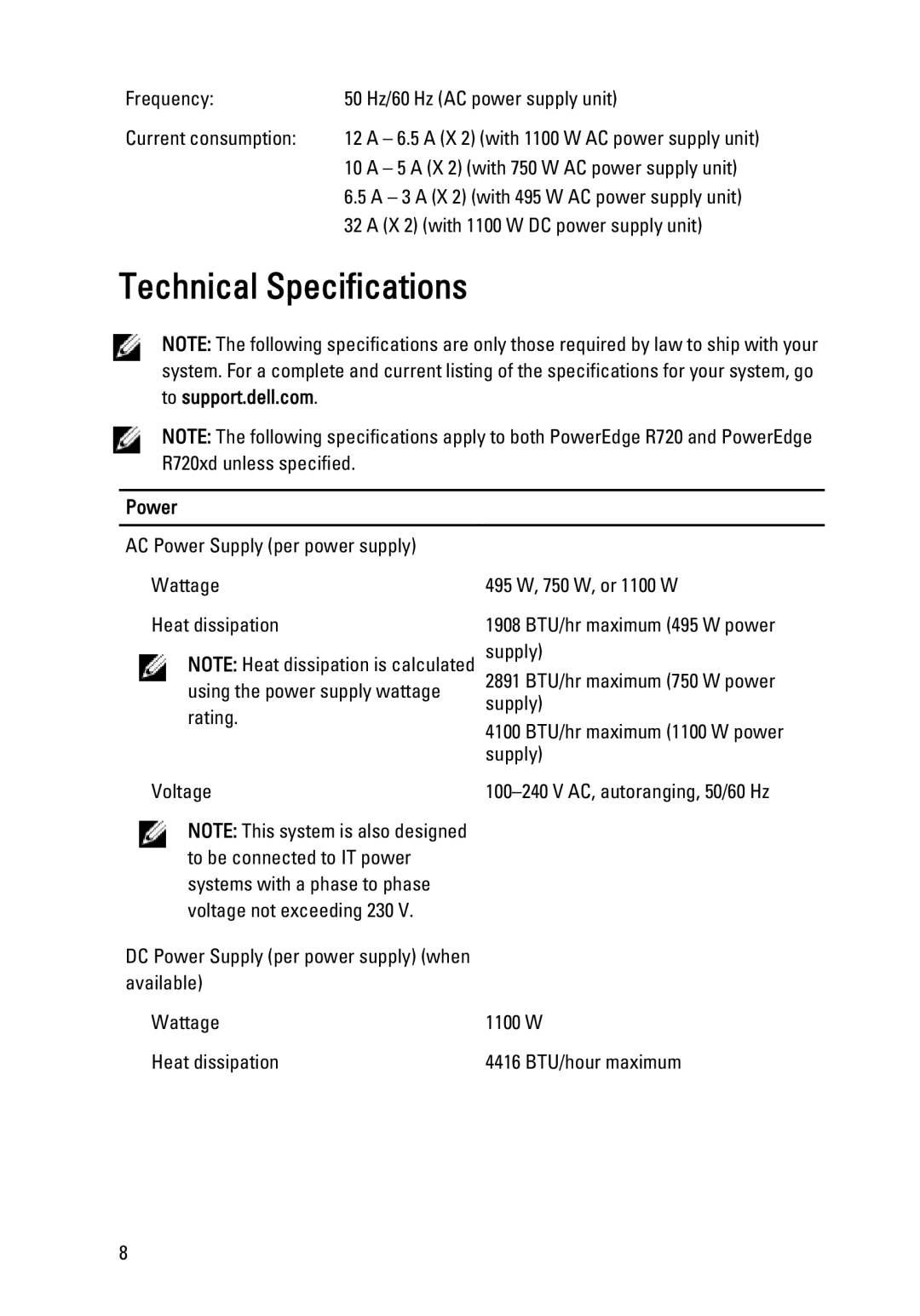 Dell R720XD manual Technical Specifications, Power 