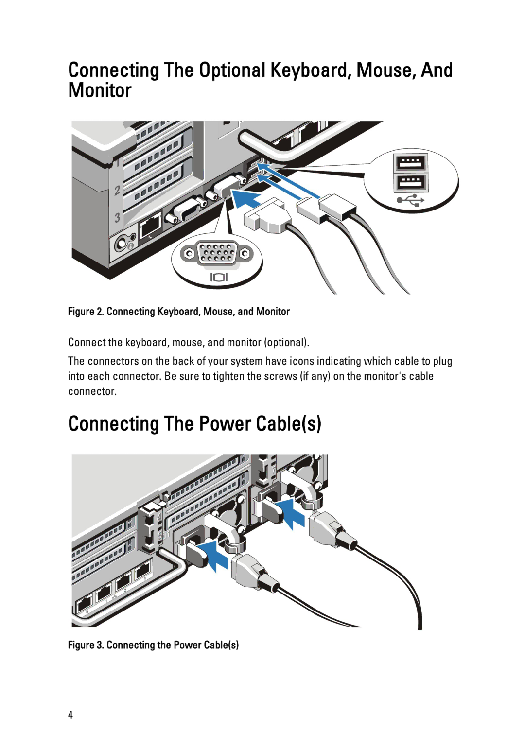 Dell R720XD manual Connecting The Optional Keyboard, Mouse, And Monitor, Connecting The Power Cables 