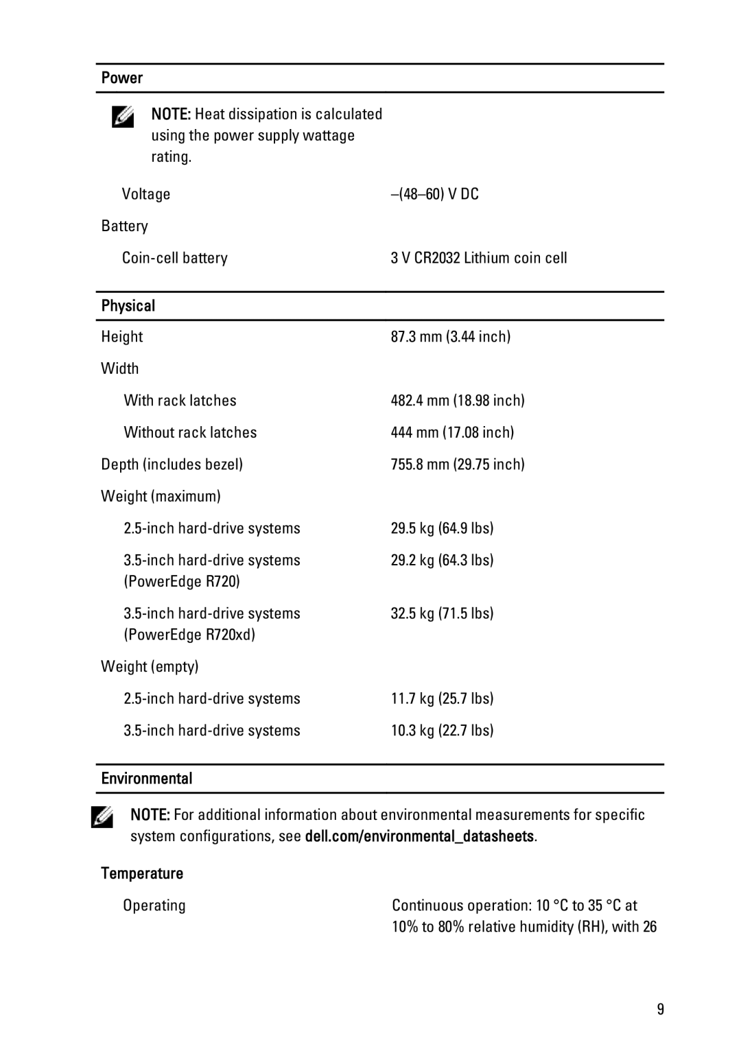 Dell R720XD manual Physical, Environmental Temperature 