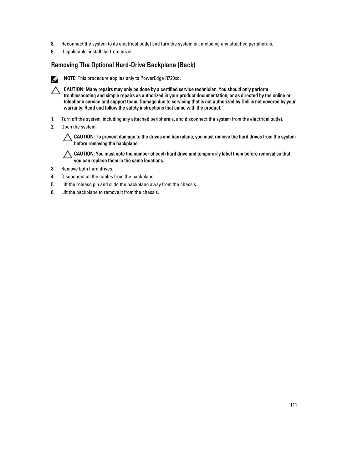 Dell R720XD owner manual Removing The Optional Hard-DriveBackplane Back 