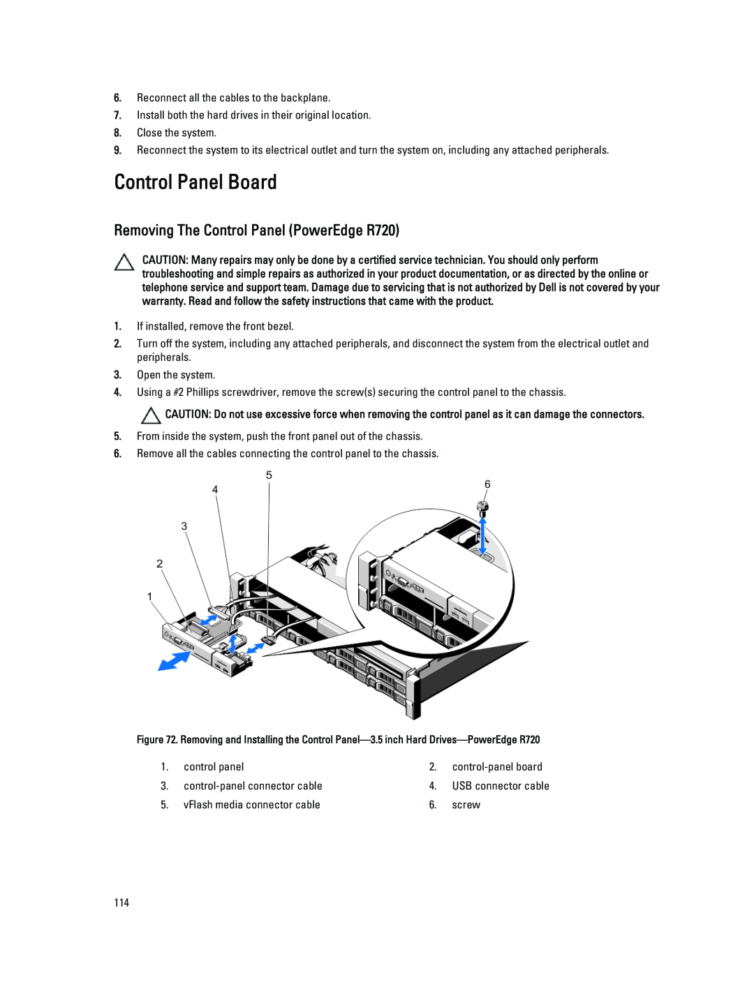 Dell R720XD owner manual Control Panel Board, Removing The Control Panel PowerEdge R720 
