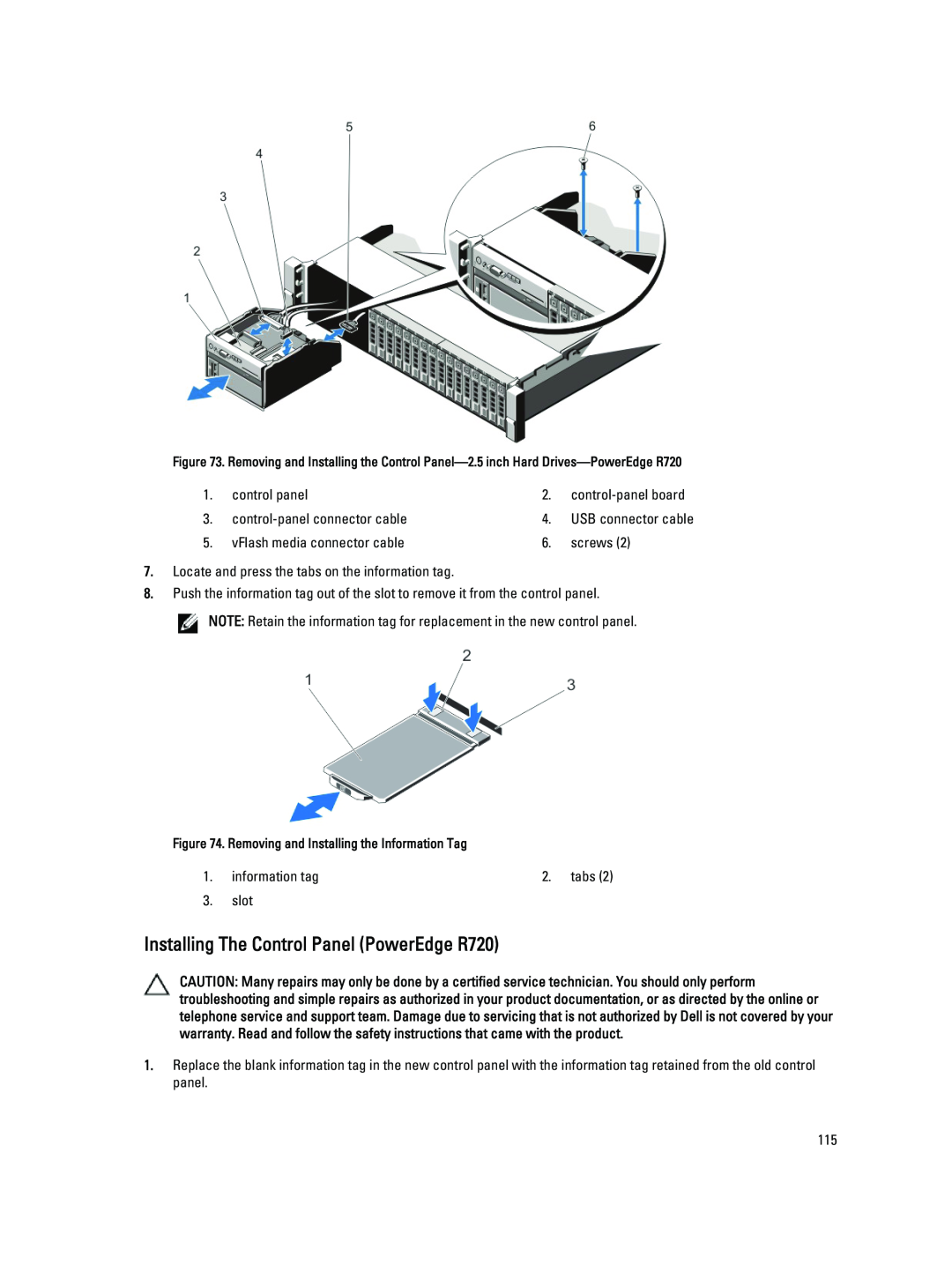 Dell R720XD owner manual Installing The Control Panel PowerEdge R720 