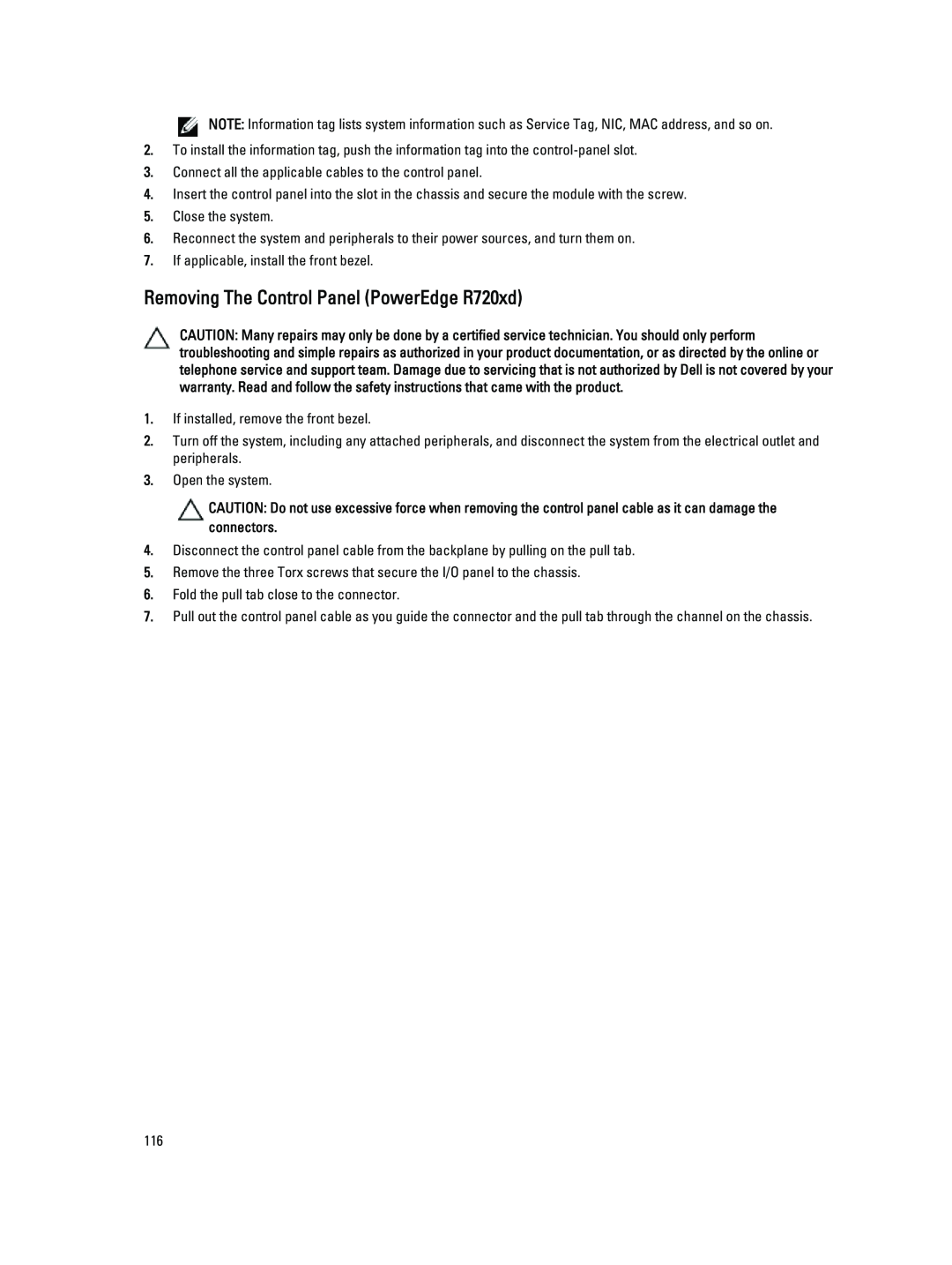 Dell R720XD owner manual Removing The Control Panel PowerEdge R720xd 