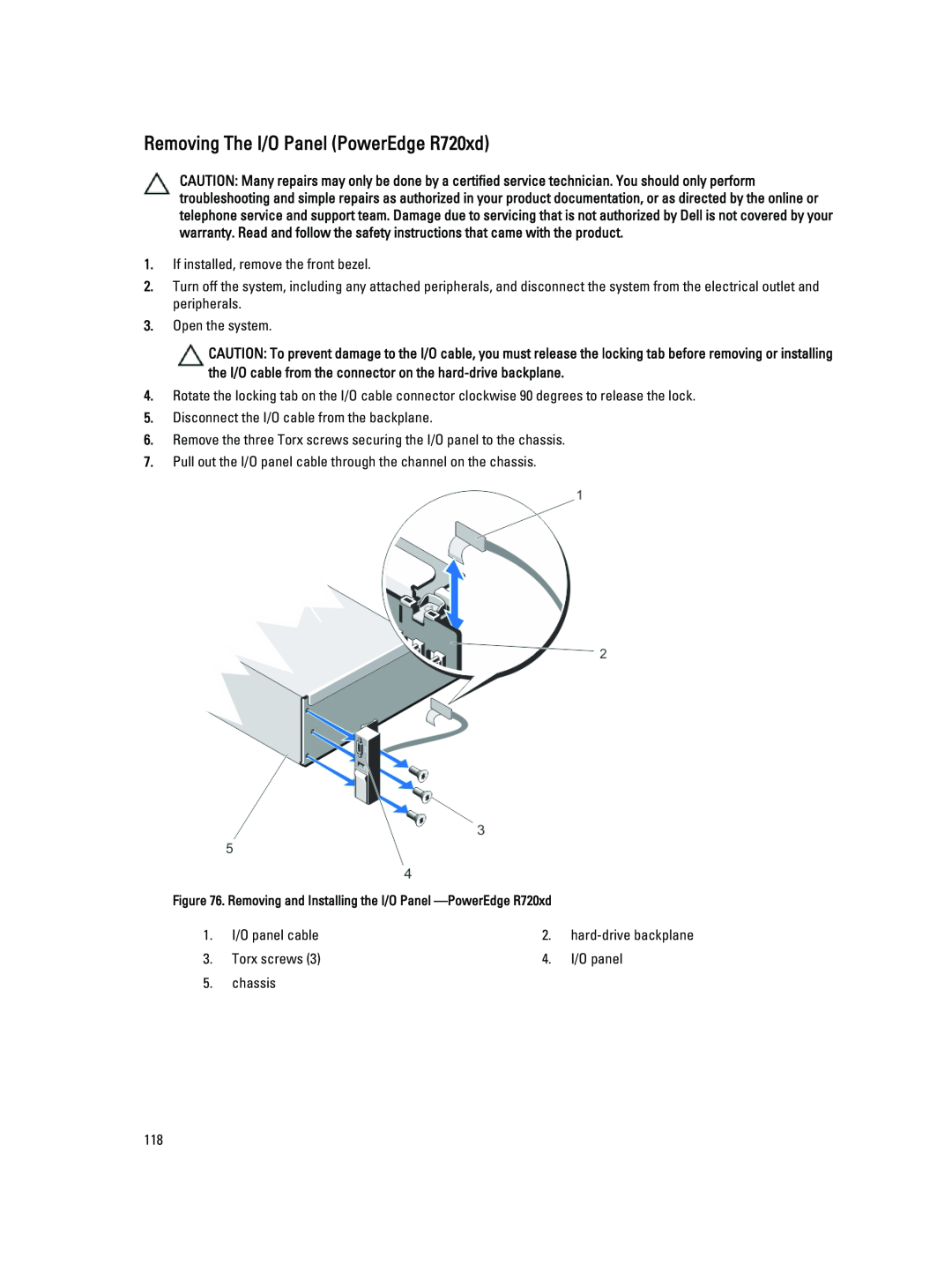 Dell R720XD owner manual Removing The I/O Panel PowerEdge R720xd 