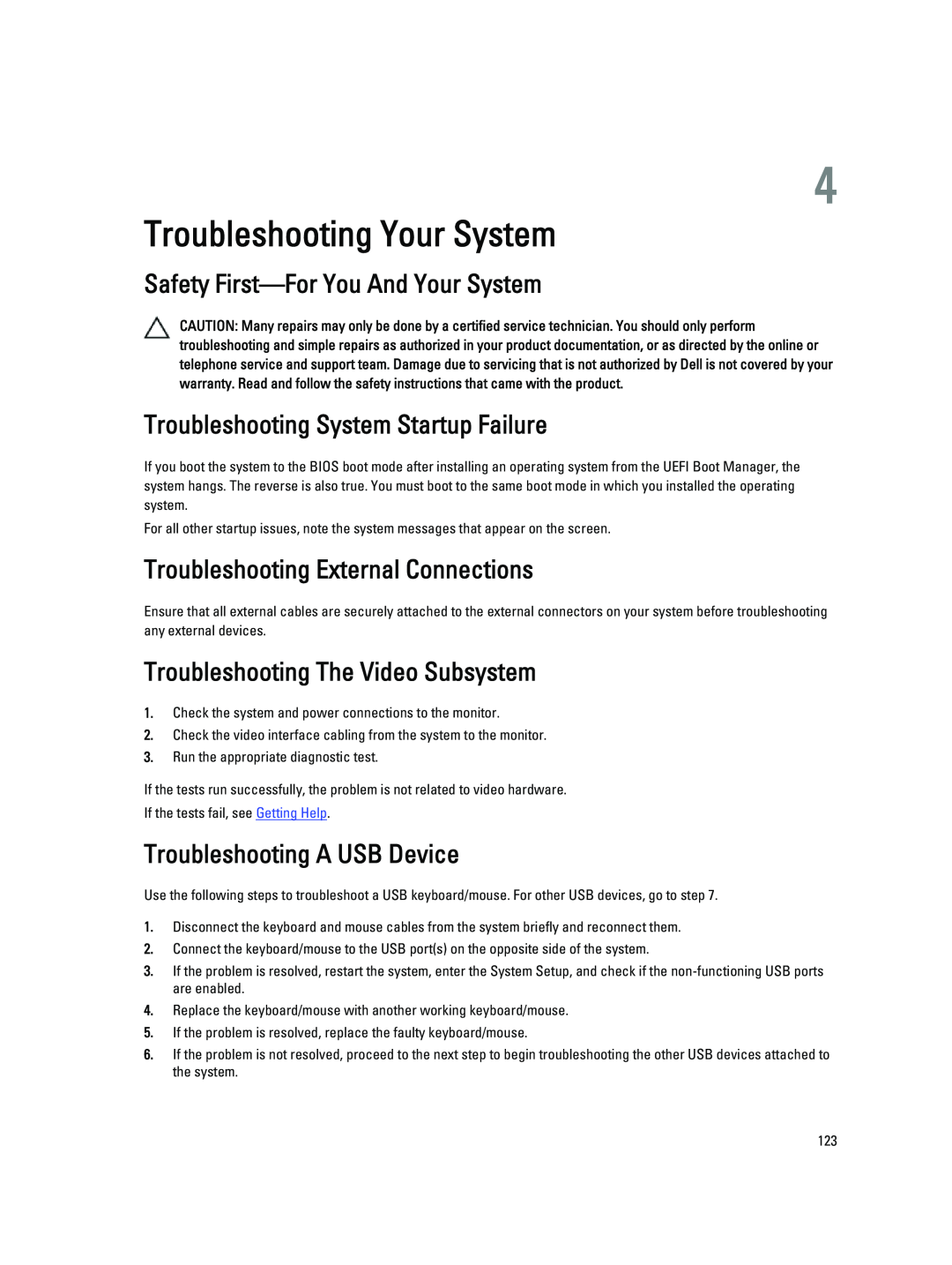 Dell R720XD Troubleshooting Your System, Safety First-ForYou And Your System, Troubleshooting System Startup Failure 