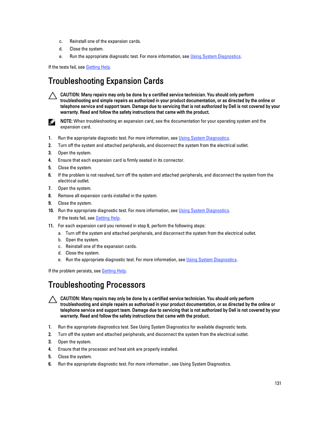 Dell R720XD owner manual Troubleshooting Expansion Cards, Troubleshooting Processors 