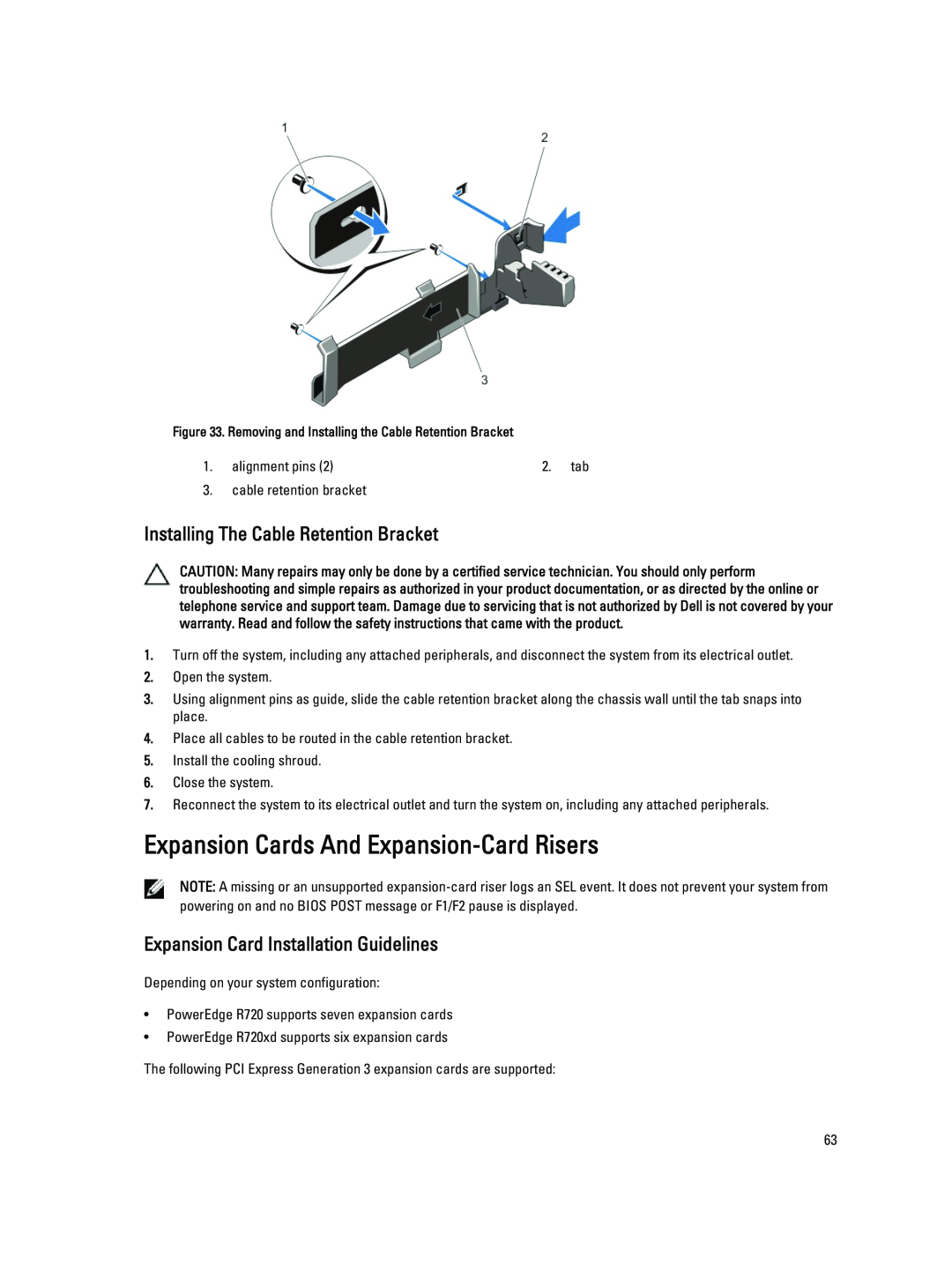 Dell R720XD owner manual Expansion Cards And Expansion-CardRisers, Installing The Cable Retention Bracket 