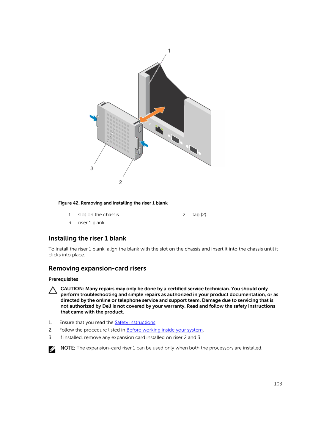 Dell R730xd owner manual Installing the riser 1 blank, Removing expansion-card risers 