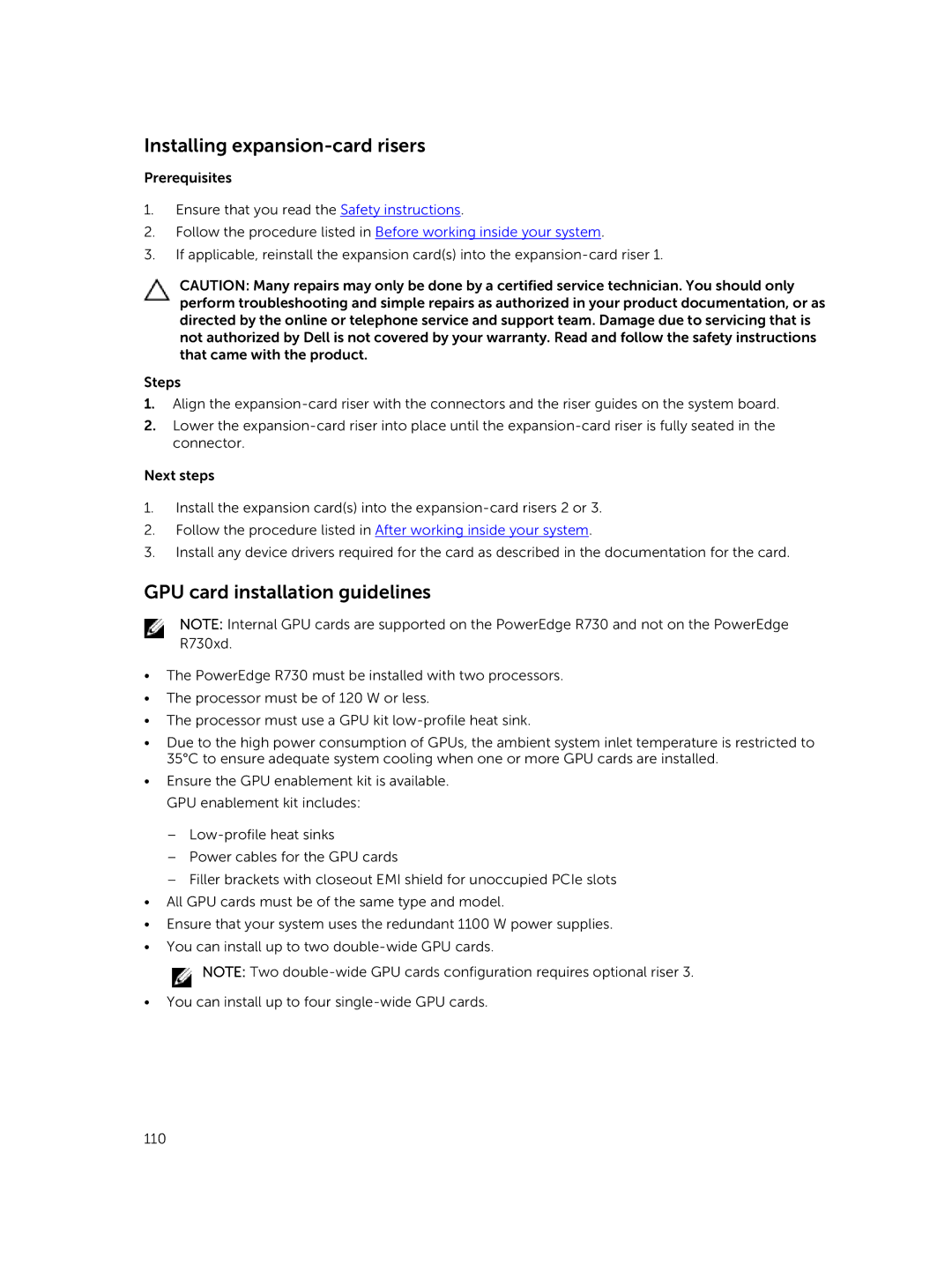 Dell R730xd owner manual Installing expansion-card risers, GPU card installation guidelines 