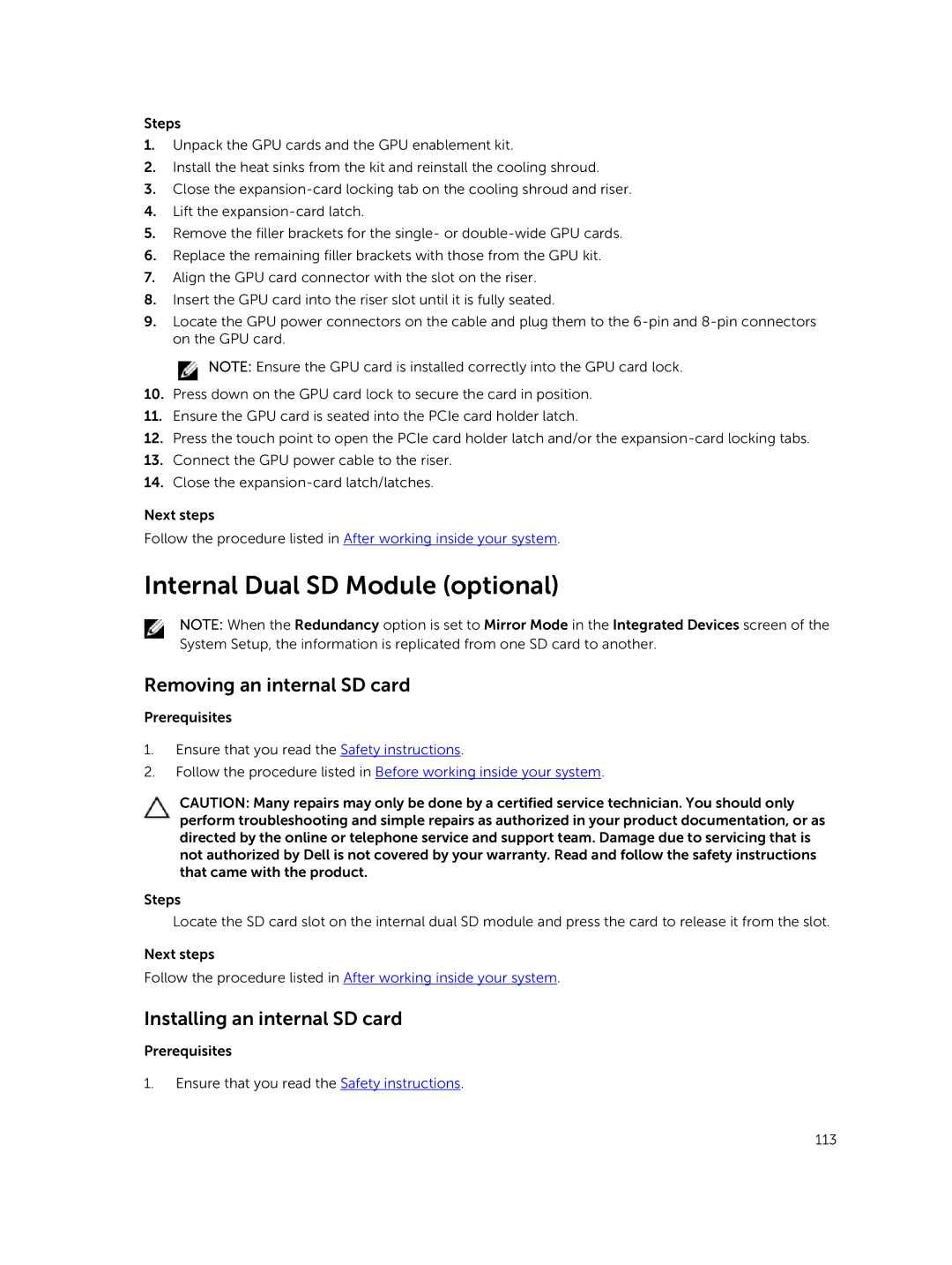 Dell R730xd owner manual Internal Dual SD Module optional, Removing an internal SD card, Installing an internal SD card 