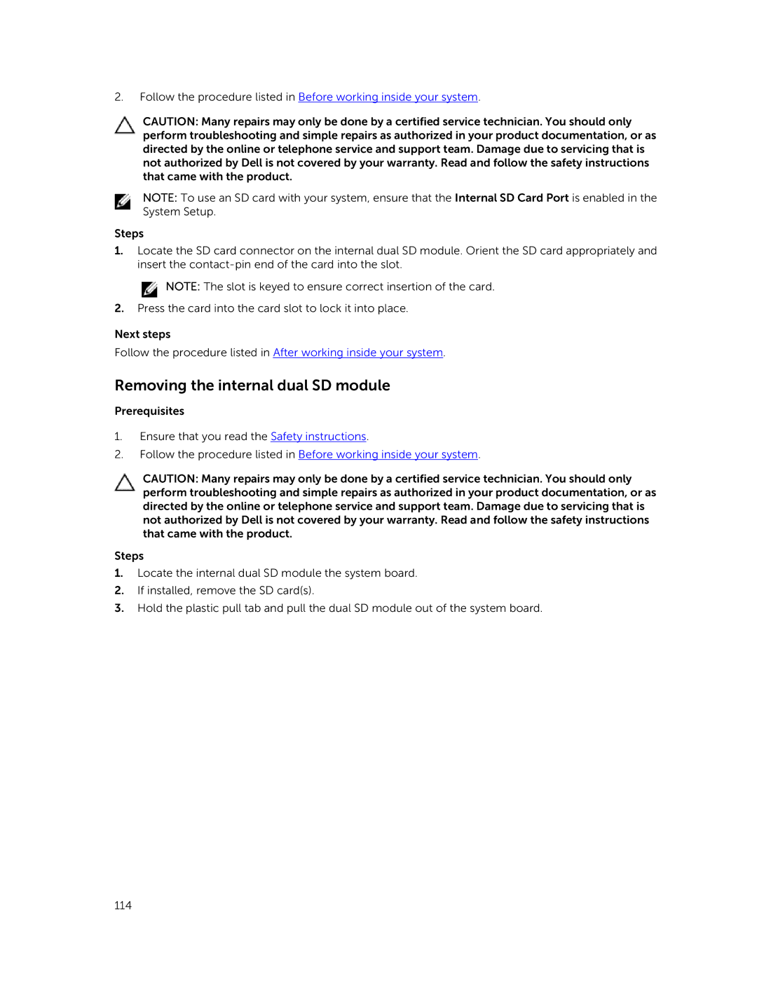 Dell R730xd owner manual Removing the internal dual SD module 