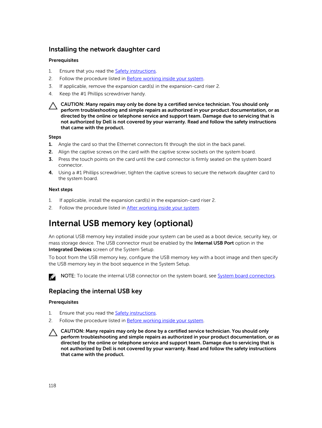 Dell R730xd Internal USB memory key optional, Installing the network daughter card, Replacing the internal USB key 