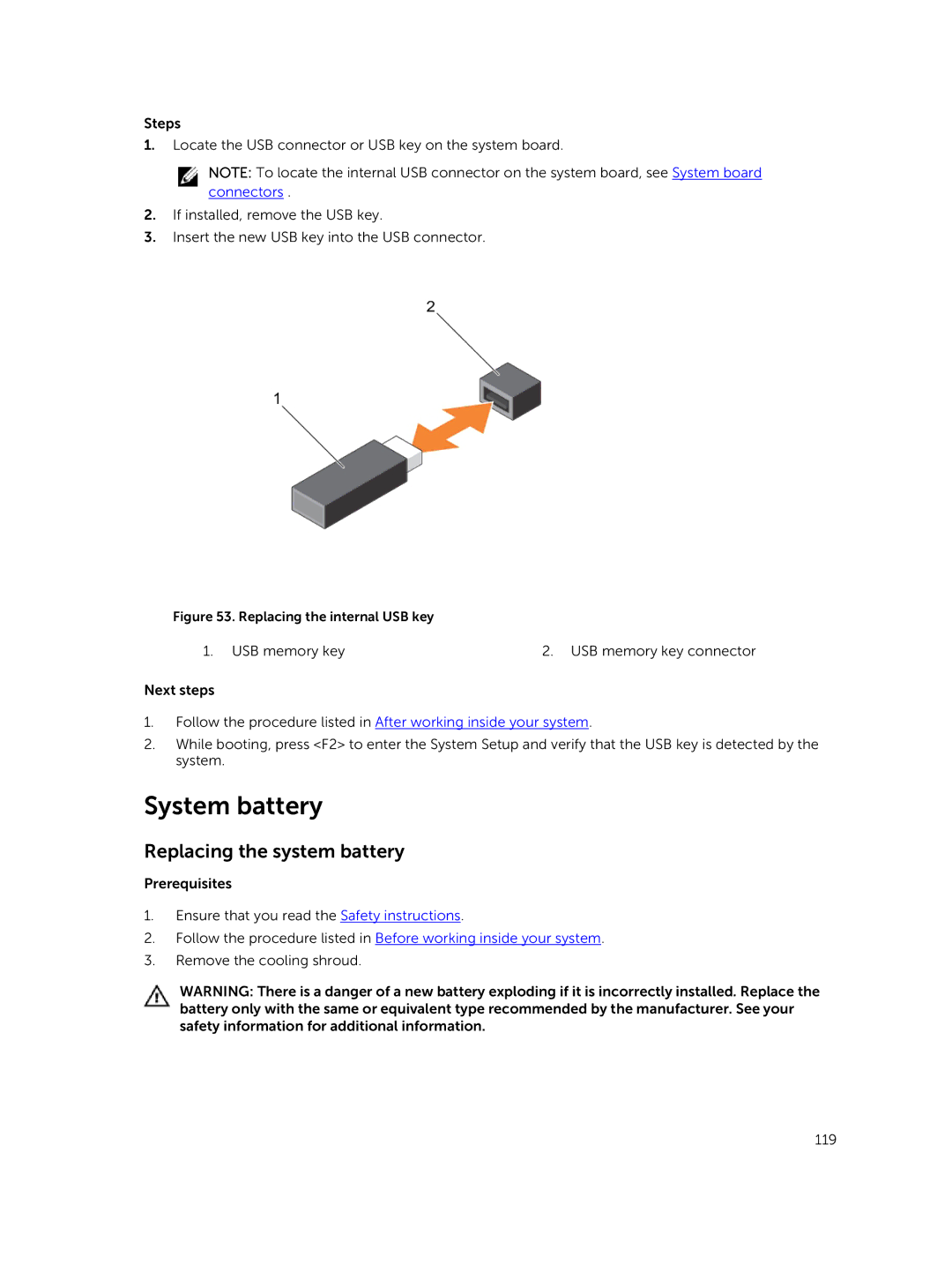 Dell R730xd owner manual System battery, Replacing the system battery 