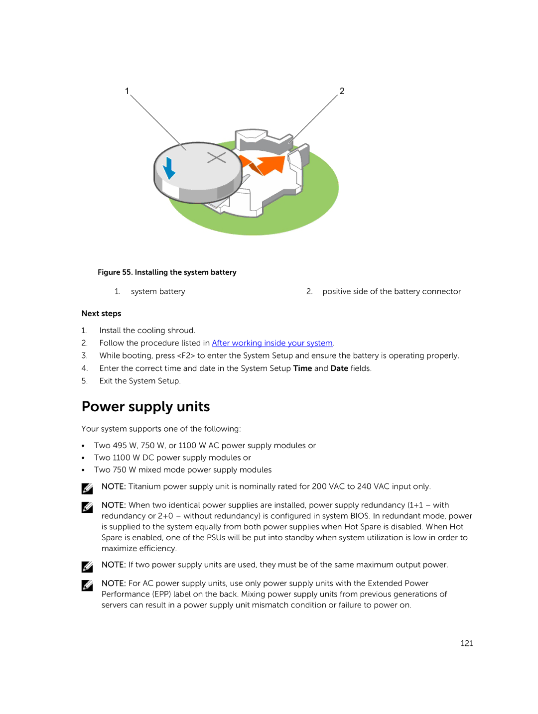 Dell R730xd owner manual Power supply units, Installing the system battery 