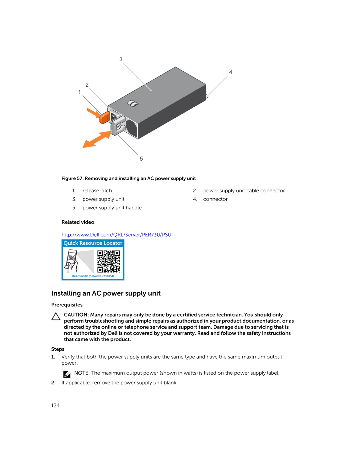 Dell R730xd owner manual Installing an AC power supply unit, Removing and installing an AC power supply unit 