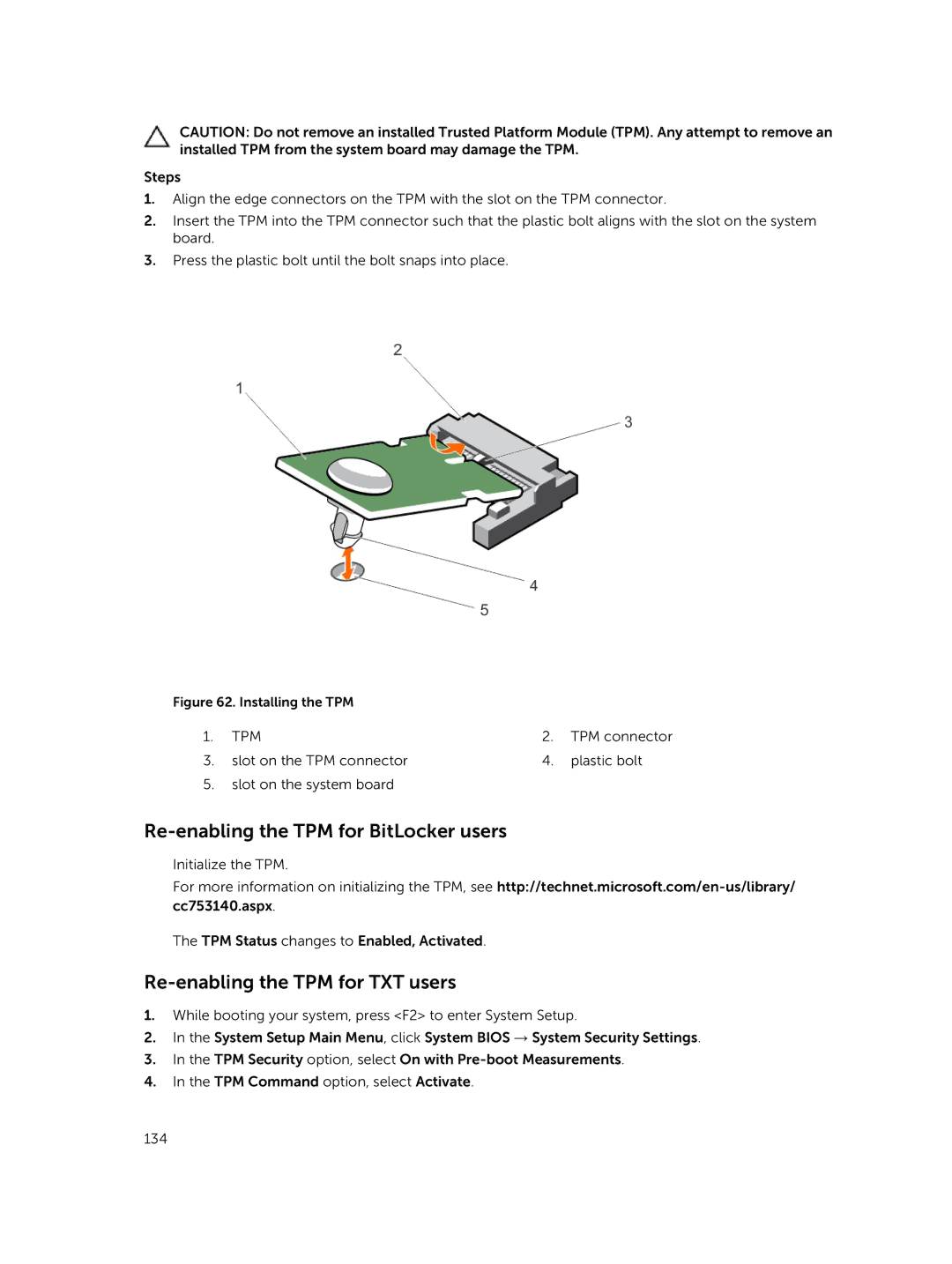 Dell R730xd owner manual Re-enabling the TPM for BitLocker users, Re-enabling the TPM for TXT users 