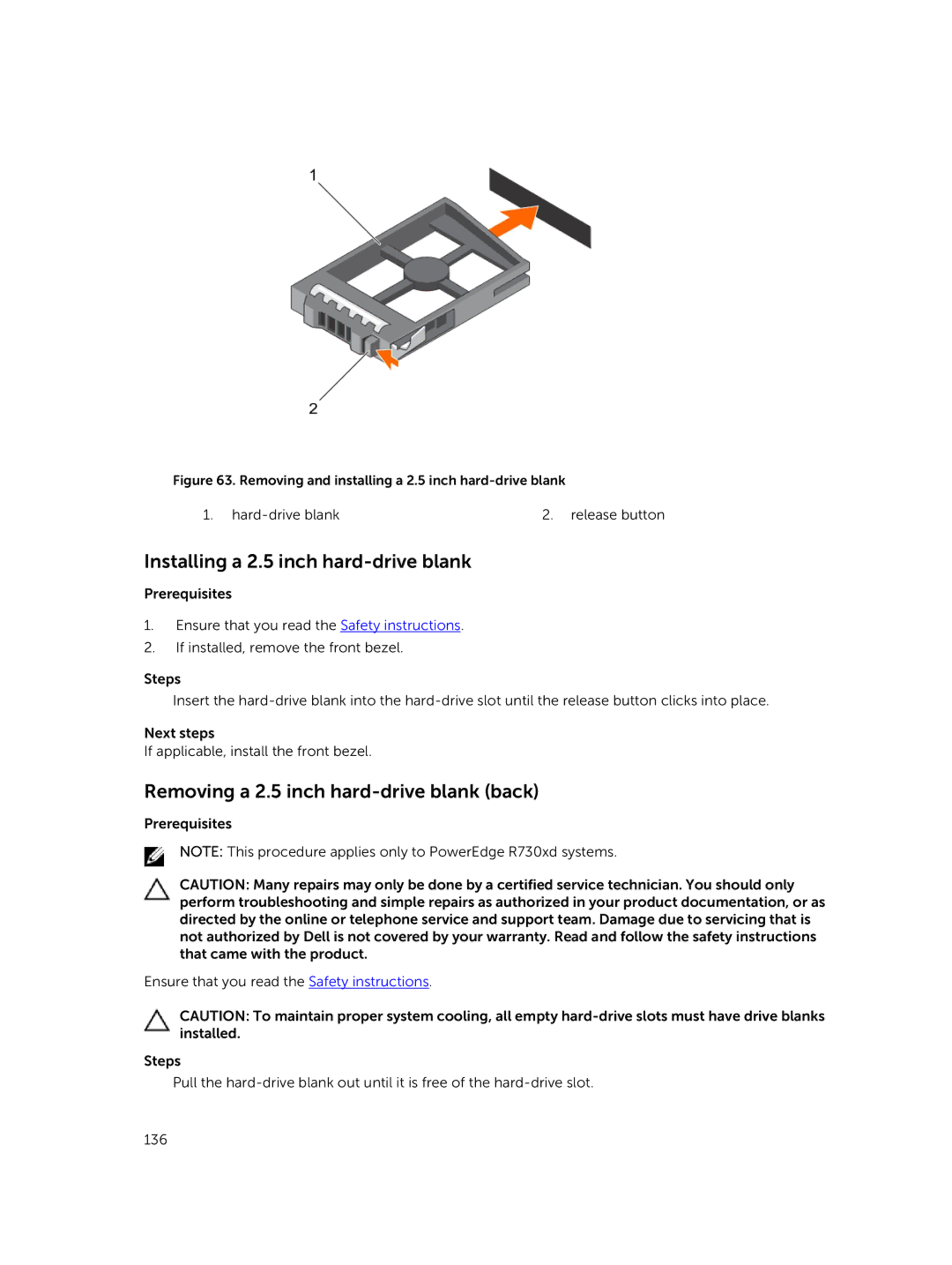 Dell R730xd owner manual Installing a 2.5 inch hard-drive blank, Removing a 2.5 inch hard-drive blank back 