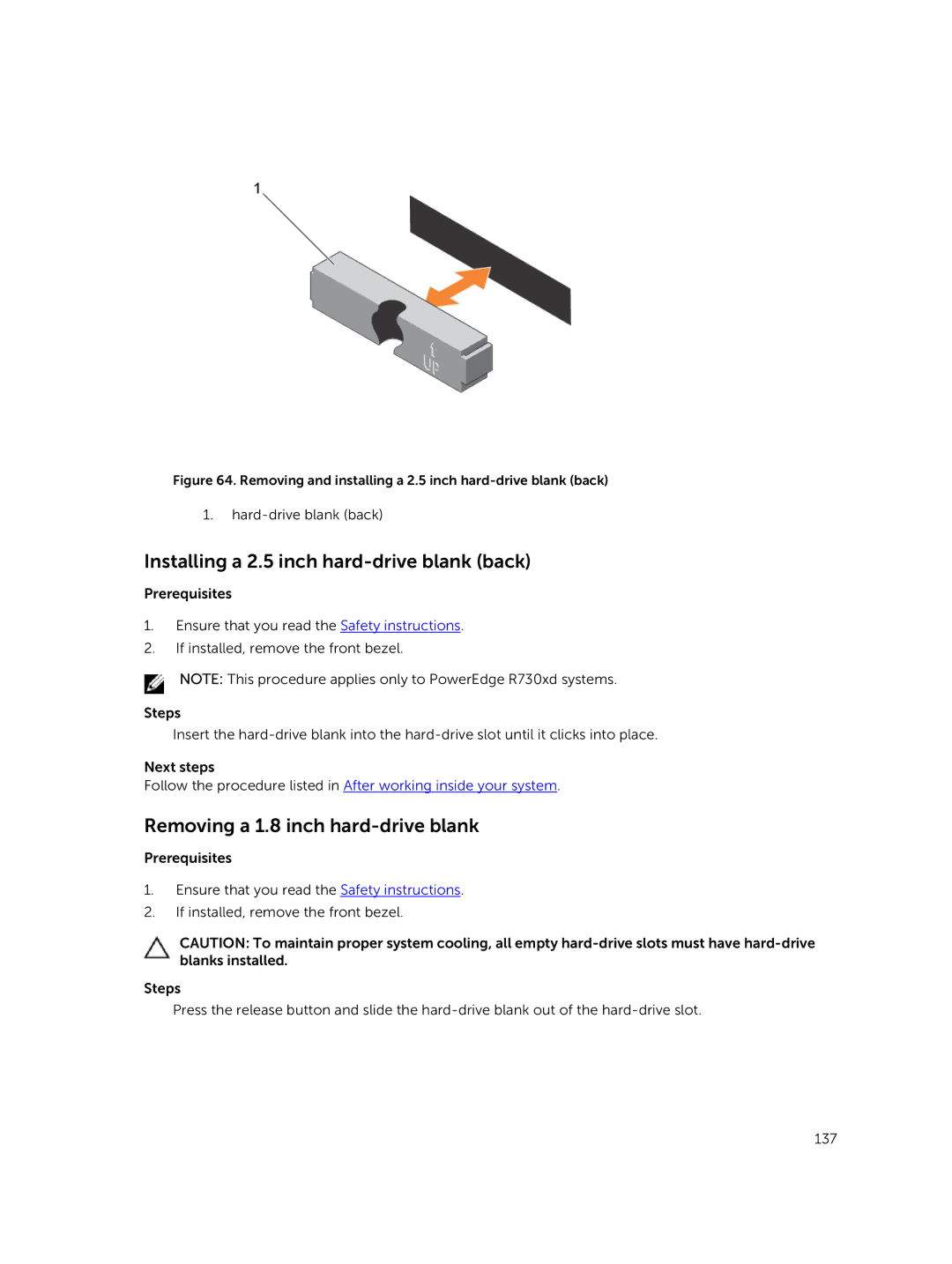 Dell R730xd owner manual Installing a 2.5 inch hard-drive blank back, Removing a 1.8 inch hard-drive blank 