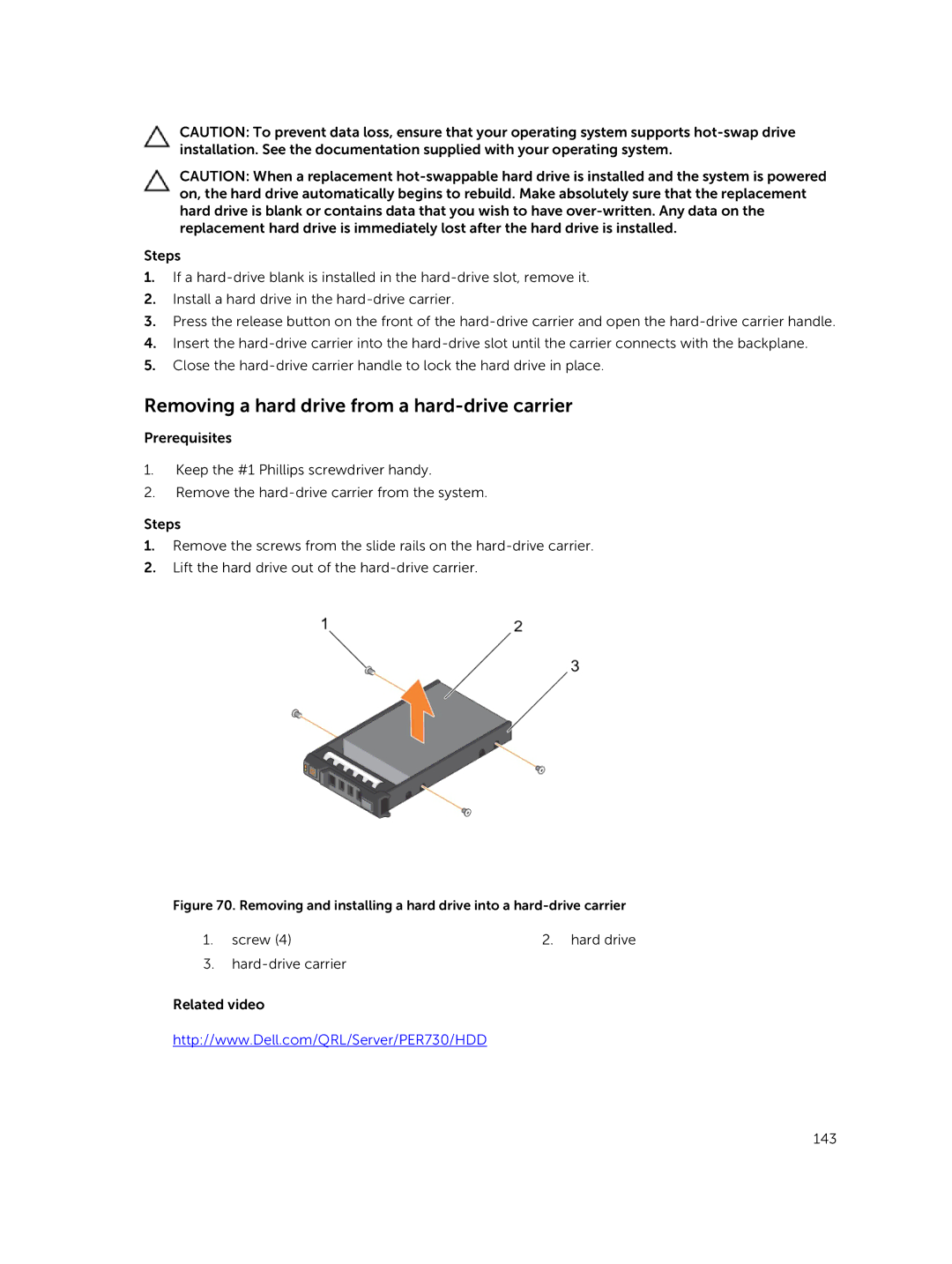 Dell R730xd owner manual Screw Hard drive Hard-drive carrier Related video 143 