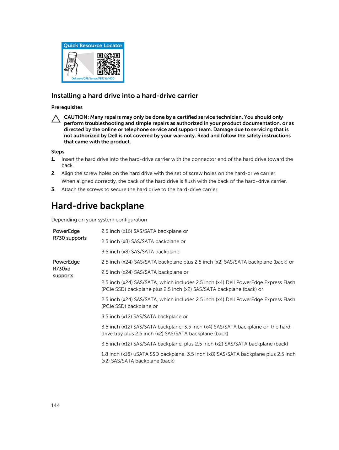 Dell owner manual Hard-drive backplane, PowerEdge R730xd supports 