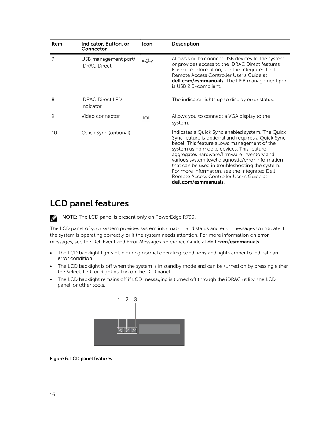 Dell R730xd owner manual LCD panel features 