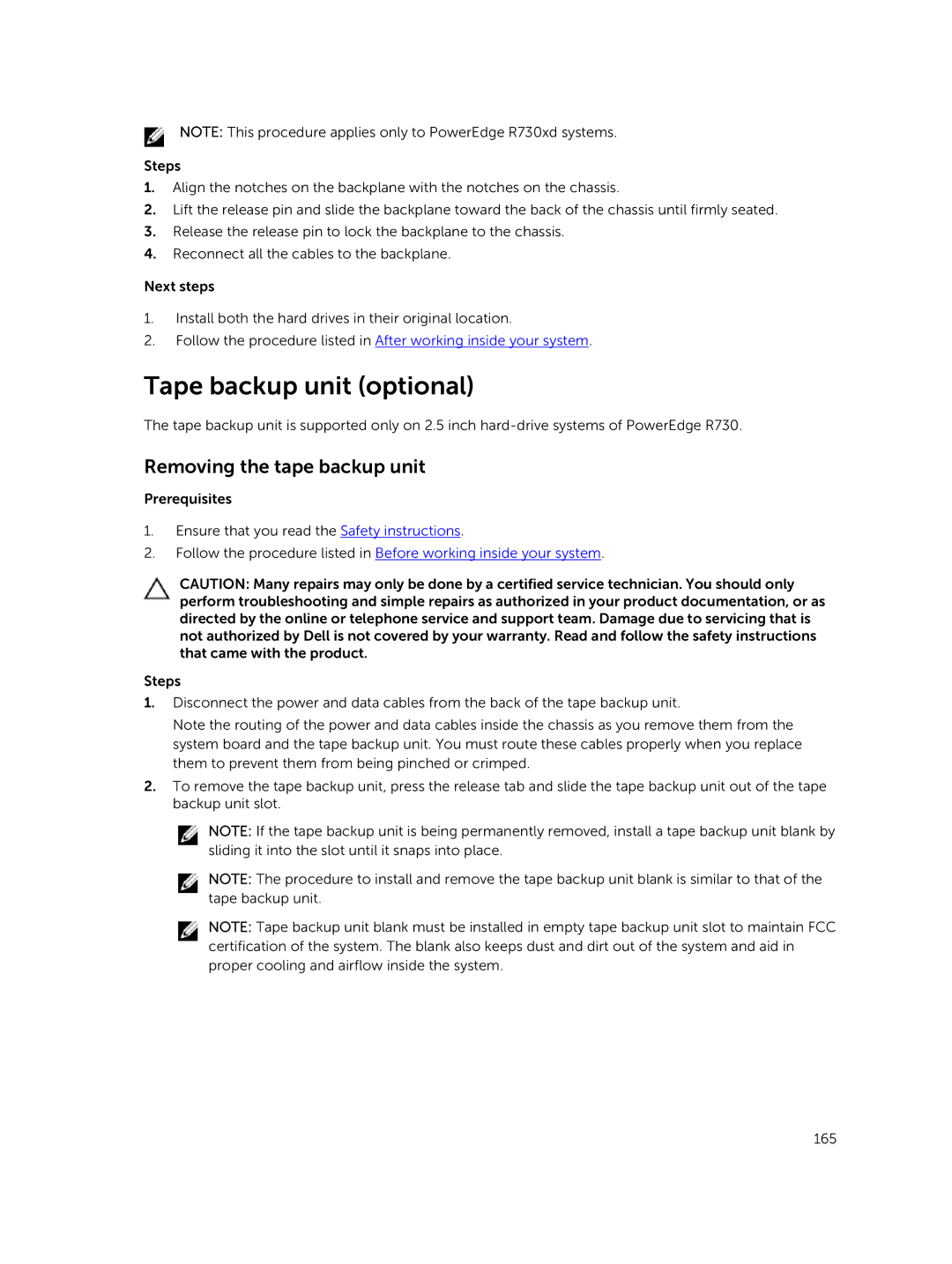 Dell R730xd owner manual Tape backup unit optional, Removing the tape backup unit 