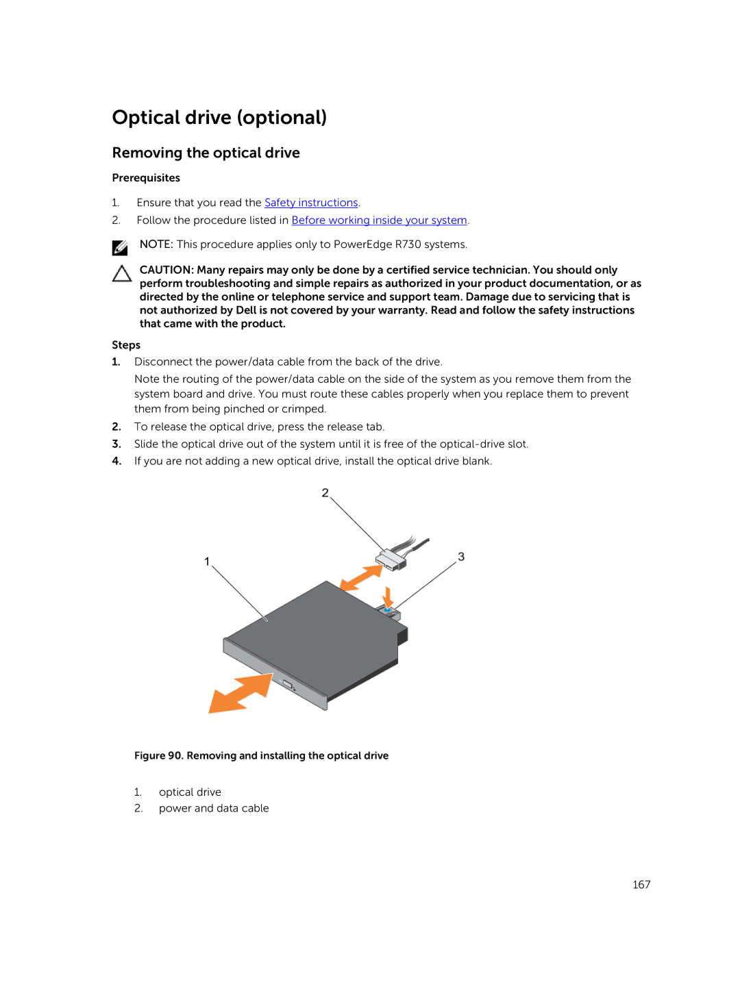 Dell R730xd owner manual Optical drive optional, Removing the optical drive 