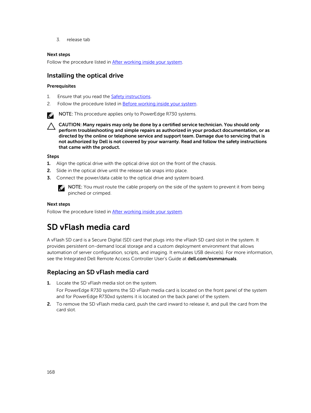 Dell R730xd owner manual Installing the optical drive, Replacing an SD vFlash media card 