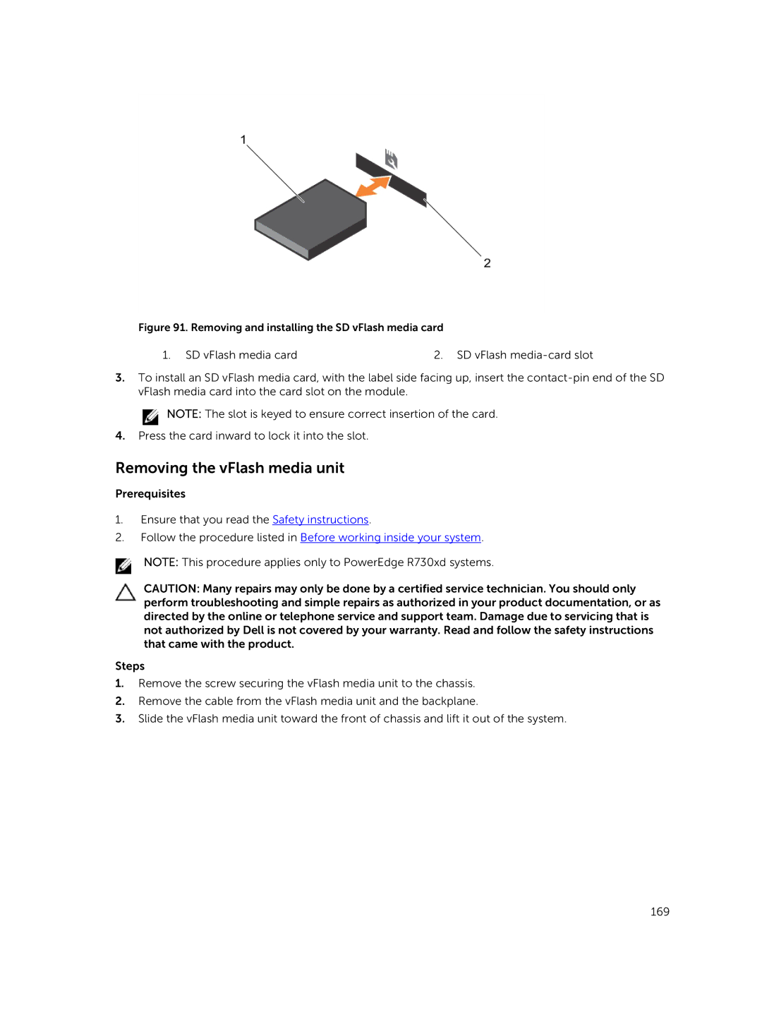 Dell R730xd owner manual Removing the vFlash media unit, Removing and installing the SD vFlash media card 