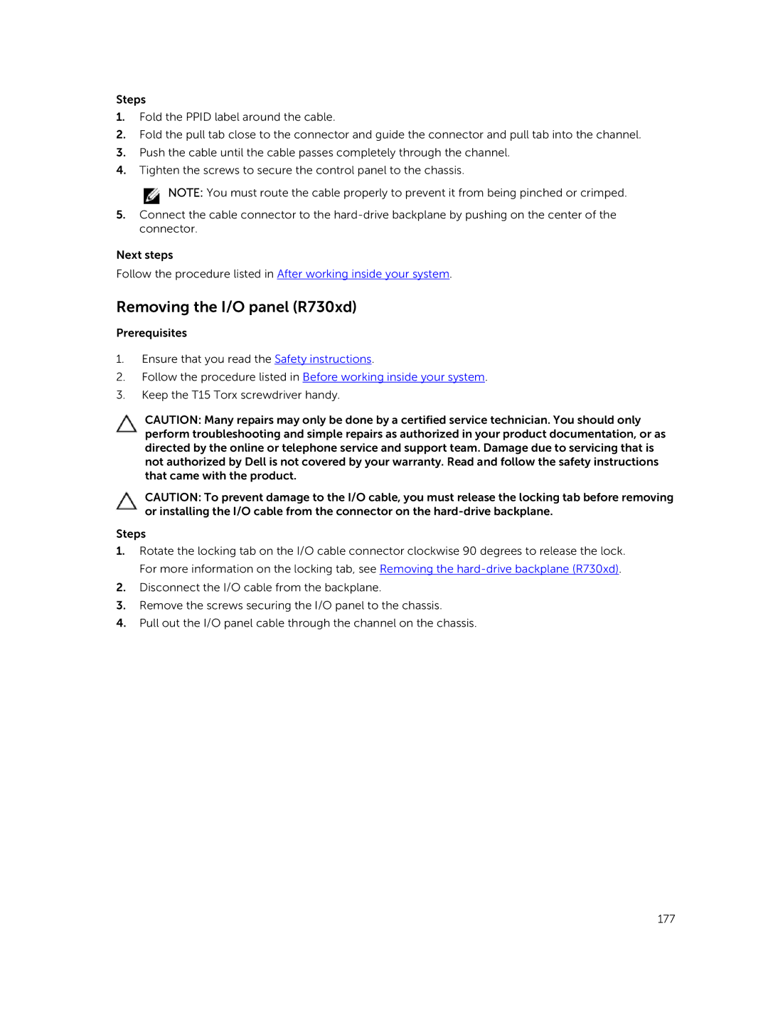 Dell owner manual Removing the I/O panel R730xd 