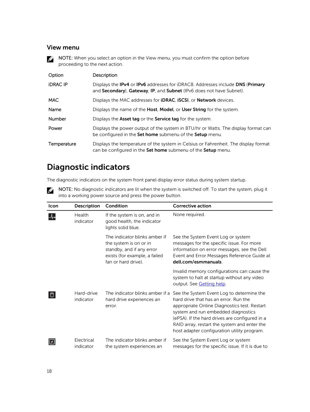 Dell R730xd owner manual Diagnostic indicators, View menu 