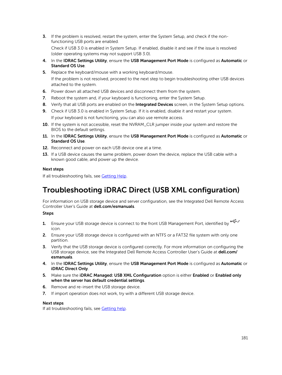 Dell R730xd owner manual Troubleshooting iDRAC Direct USB XML configuration 