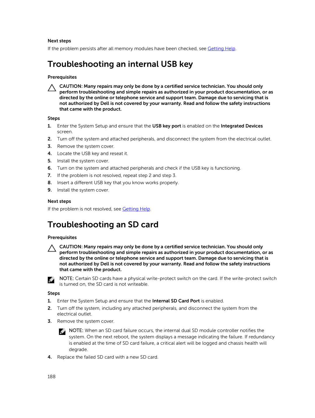 Dell R730xd owner manual Troubleshooting an internal USB key, Troubleshooting an SD card 