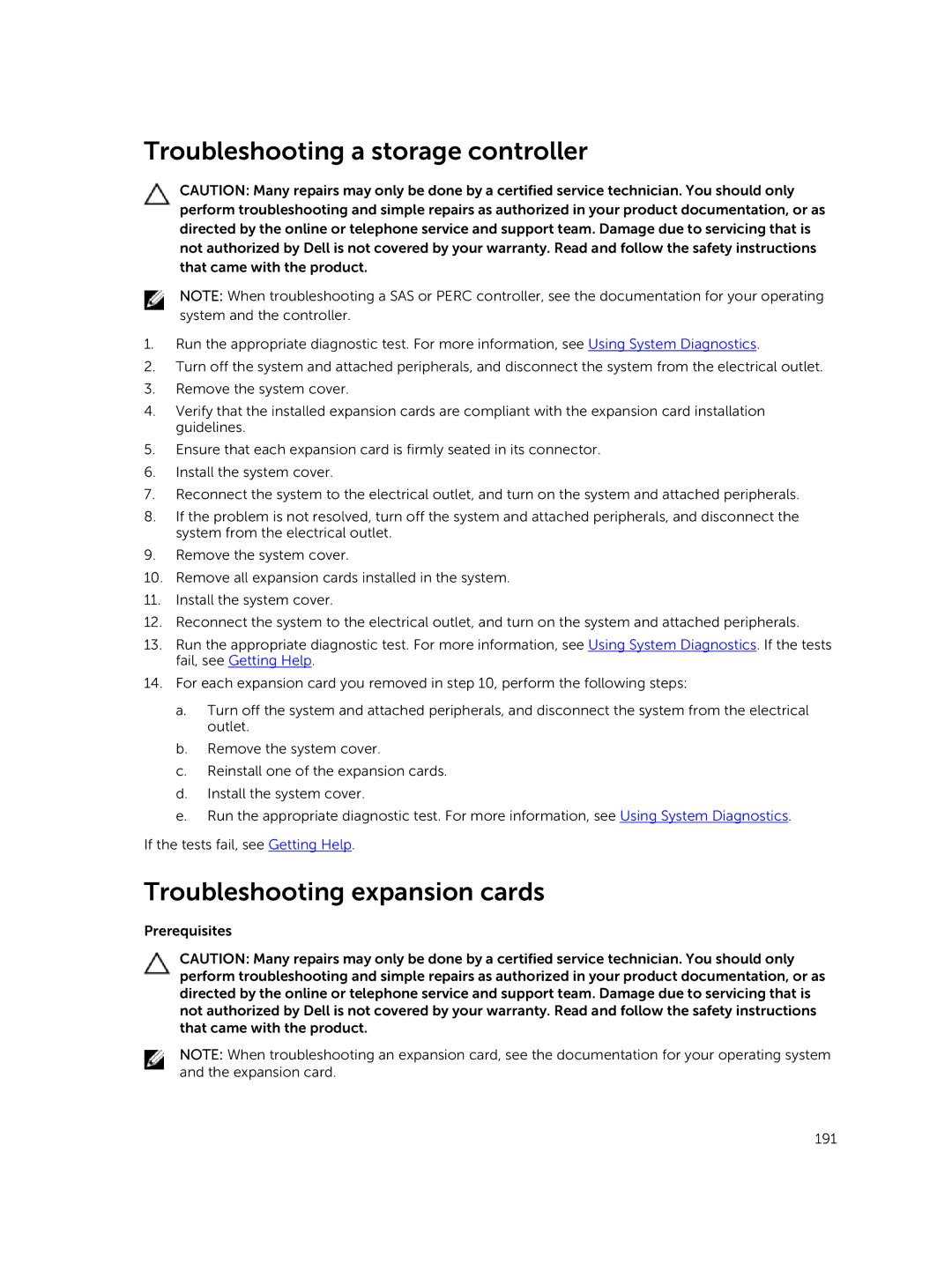 Dell R730xd owner manual Troubleshooting a storage controller, Troubleshooting expansion cards 