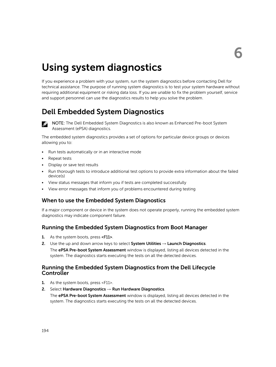 Dell R730xd owner manual Dell Embedded System Diagnostics, When to use the Embedded System Diagnostics 