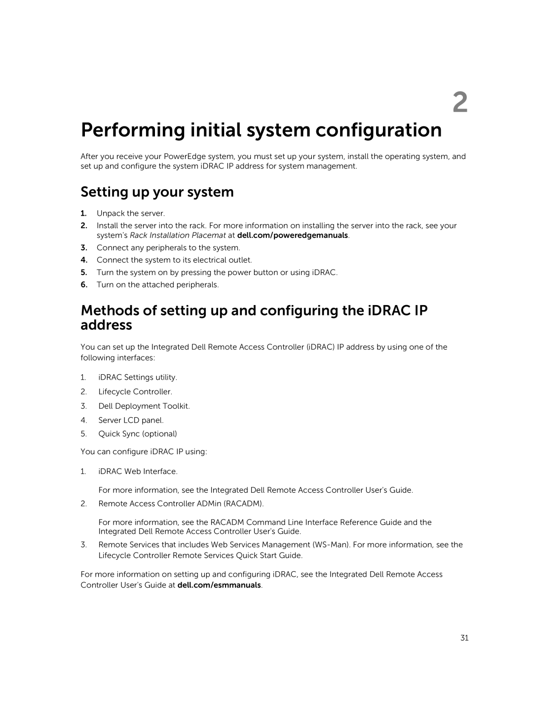 Dell R730xd owner manual Setting up your system, Methods of setting up and configuring the iDRAC IP address 