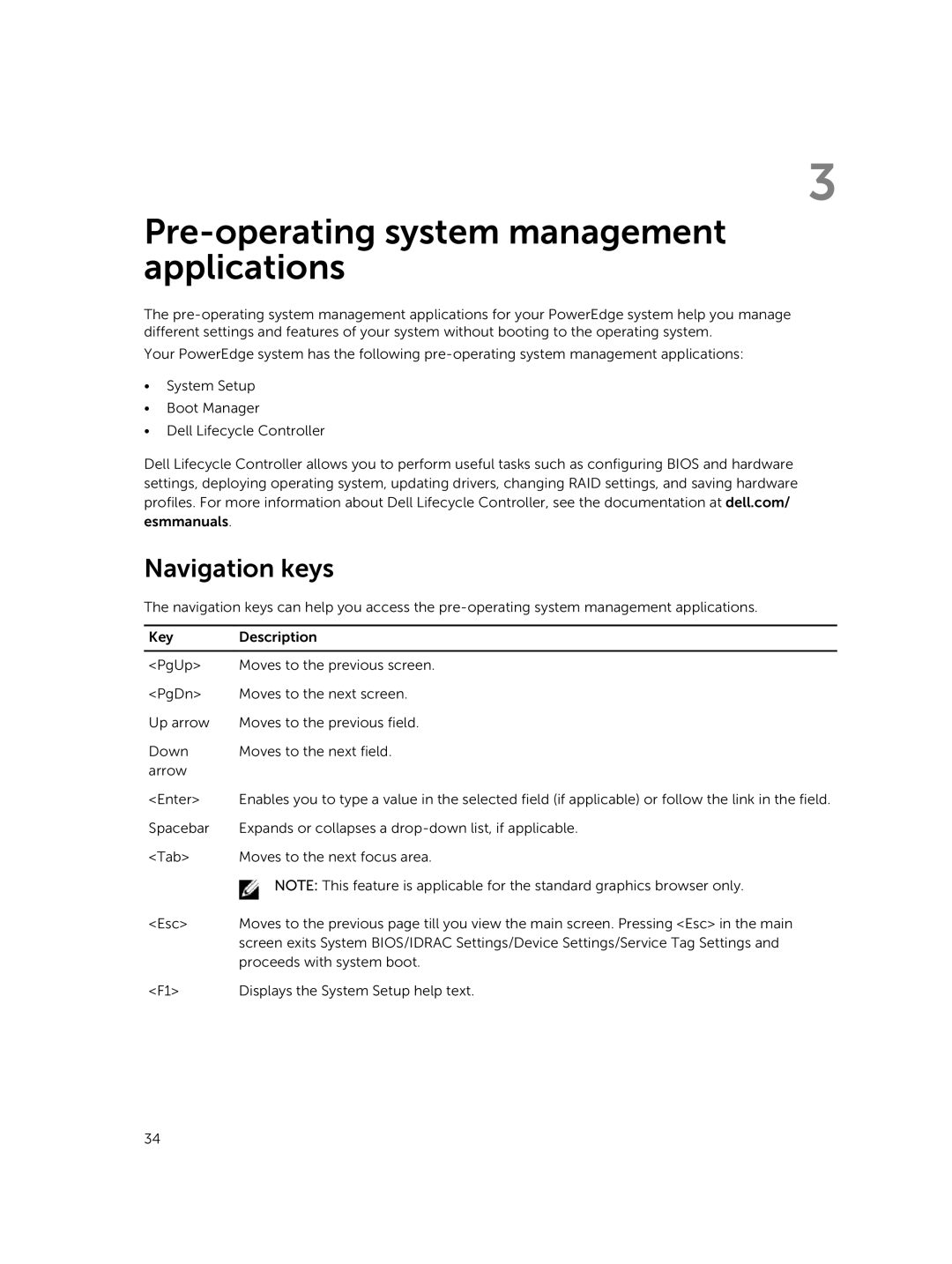 Dell R730xd owner manual Pre-operating system management applications, Navigation keys 