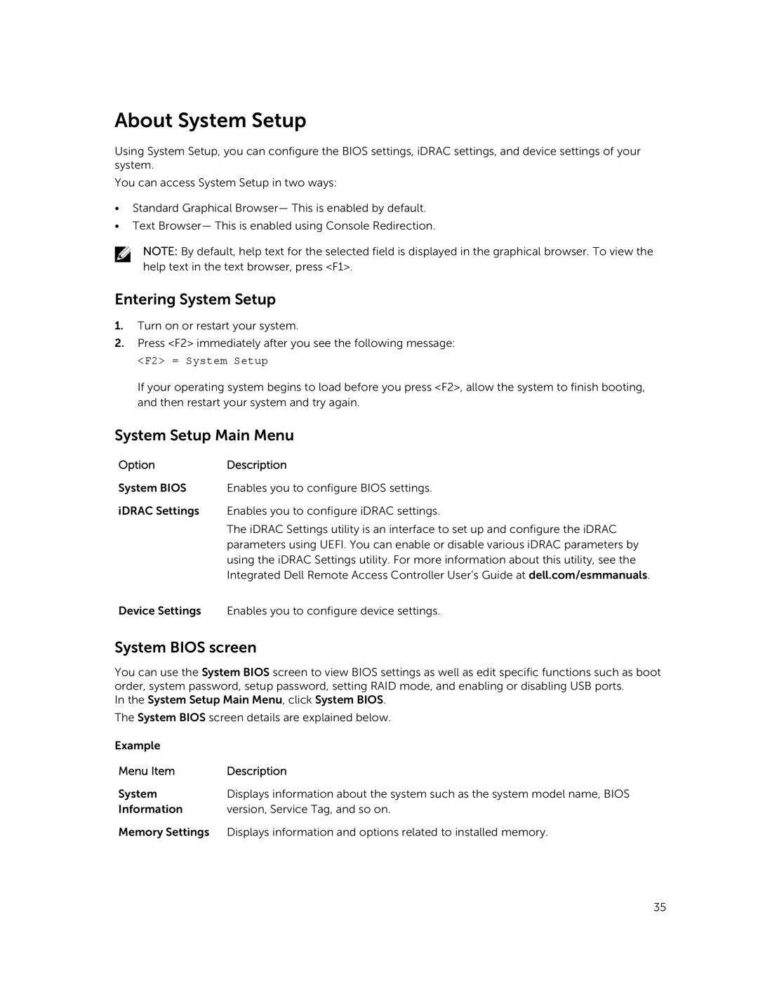 Dell R730xd owner manual About System Setup, Entering System Setup, System Setup Main Menu, System Bios screen 