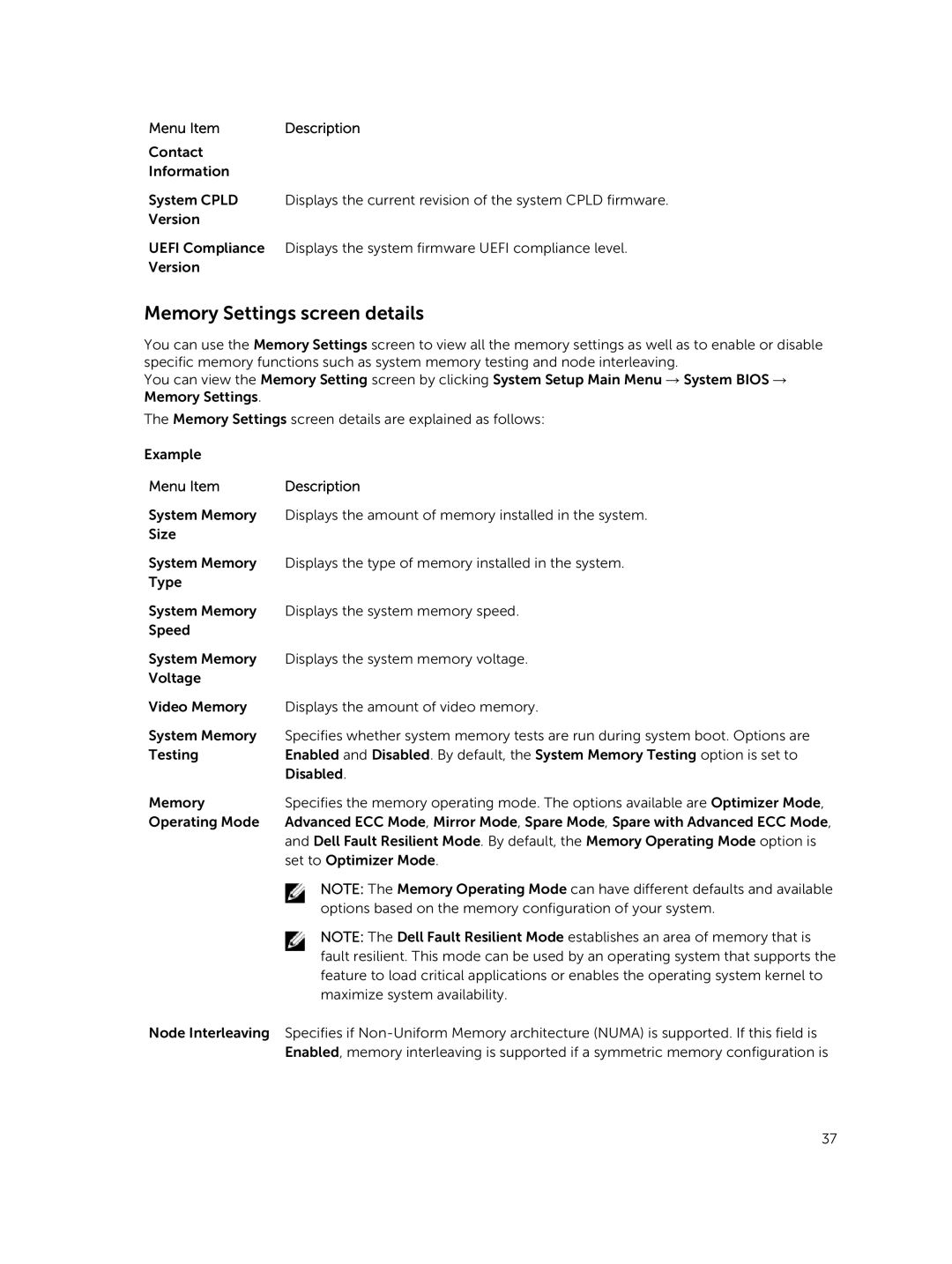 Dell R730xd owner manual Memory Settings screen details 