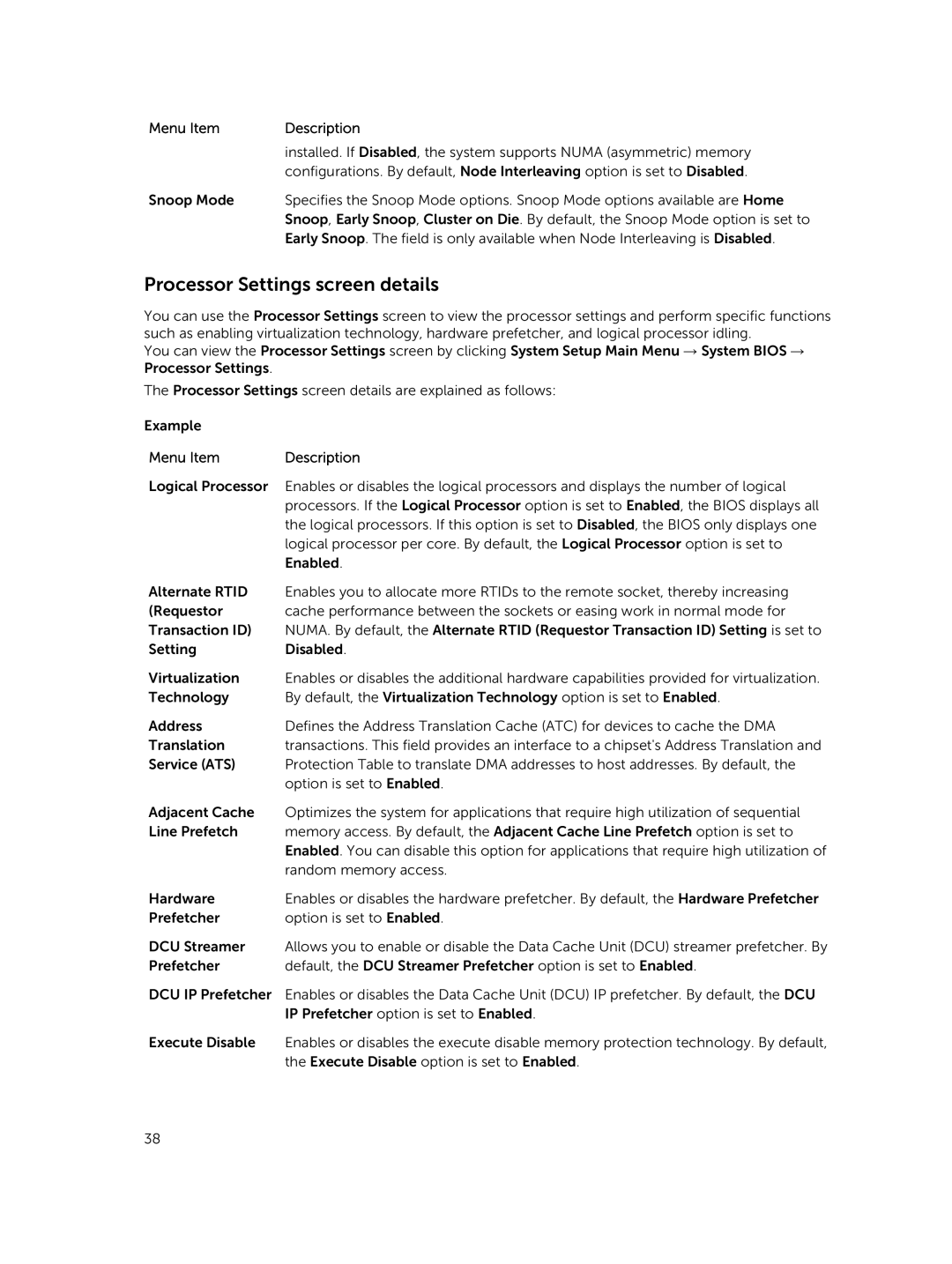 Dell R730xd owner manual Processor Settings screen details 