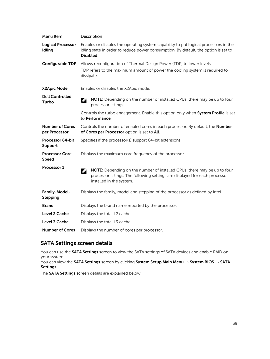 Dell R730xd owner manual Sata Settings screen details 