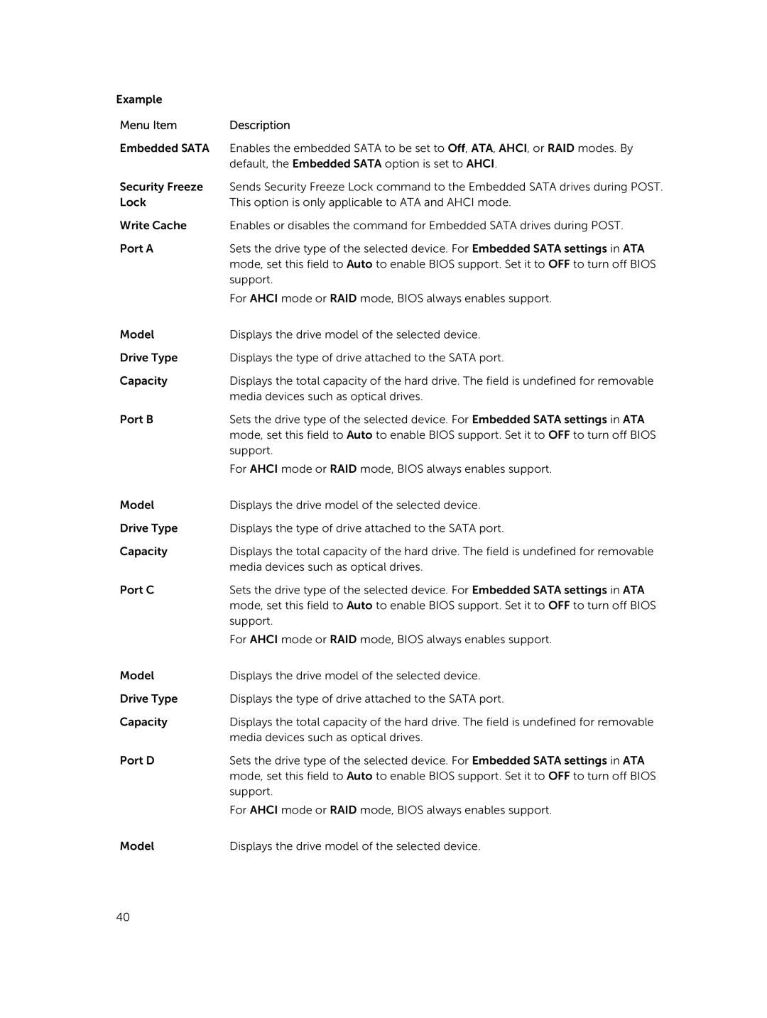 Dell R730xd owner manual Menu Item Description 