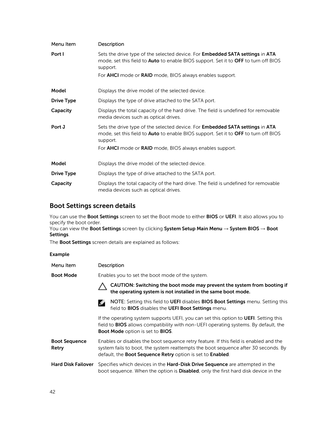 Dell R730xd owner manual Boot Settings screen details 