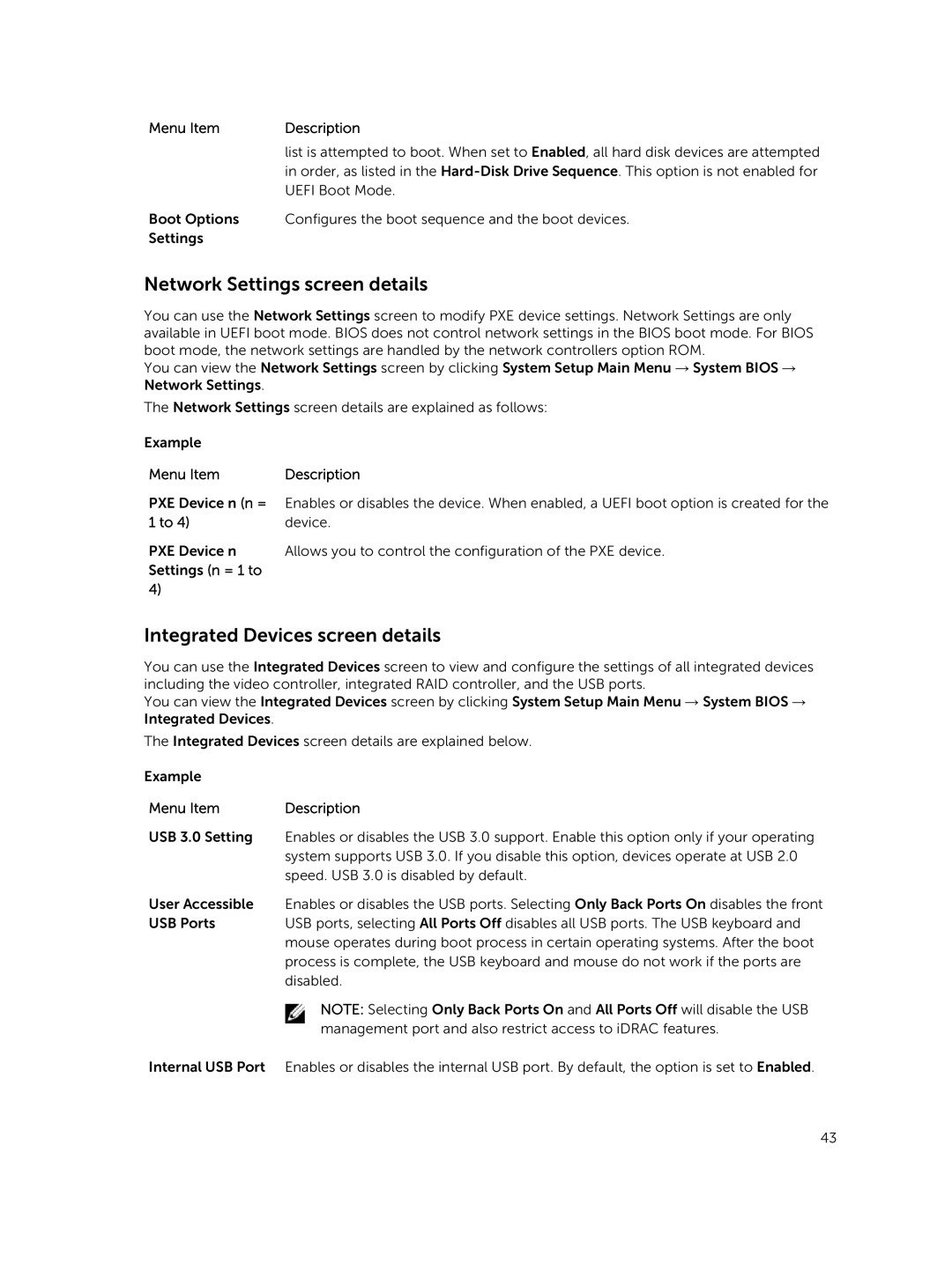 Dell R730xd owner manual Network Settings screen details, Integrated Devices screen details 