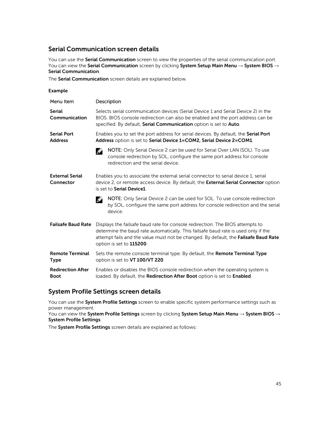 Dell R730xd owner manual Serial Communication screen details, System Profile Settings screen details 