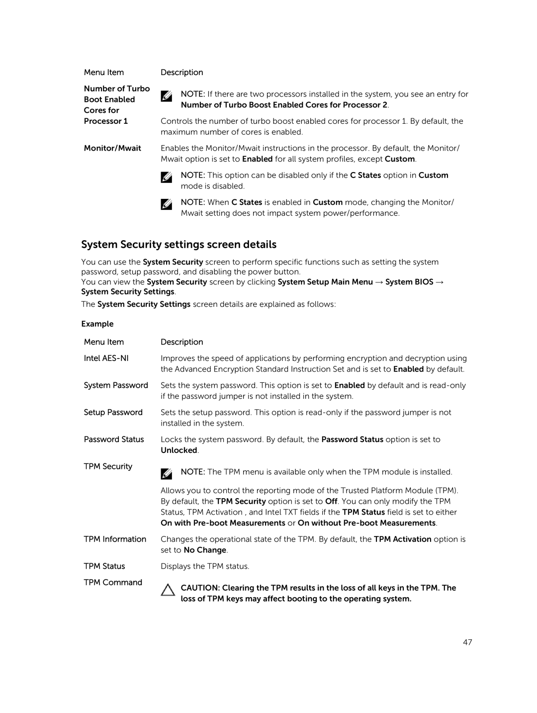 Dell R730xd owner manual System Security settings screen details 