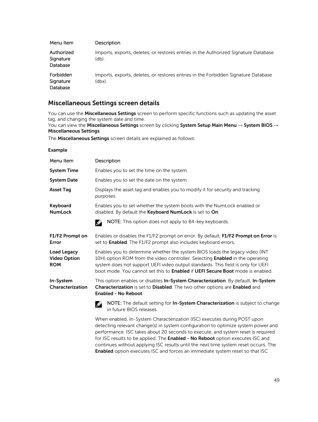 Dell R730xd owner manual Miscellaneous Settings screen details, Rom 