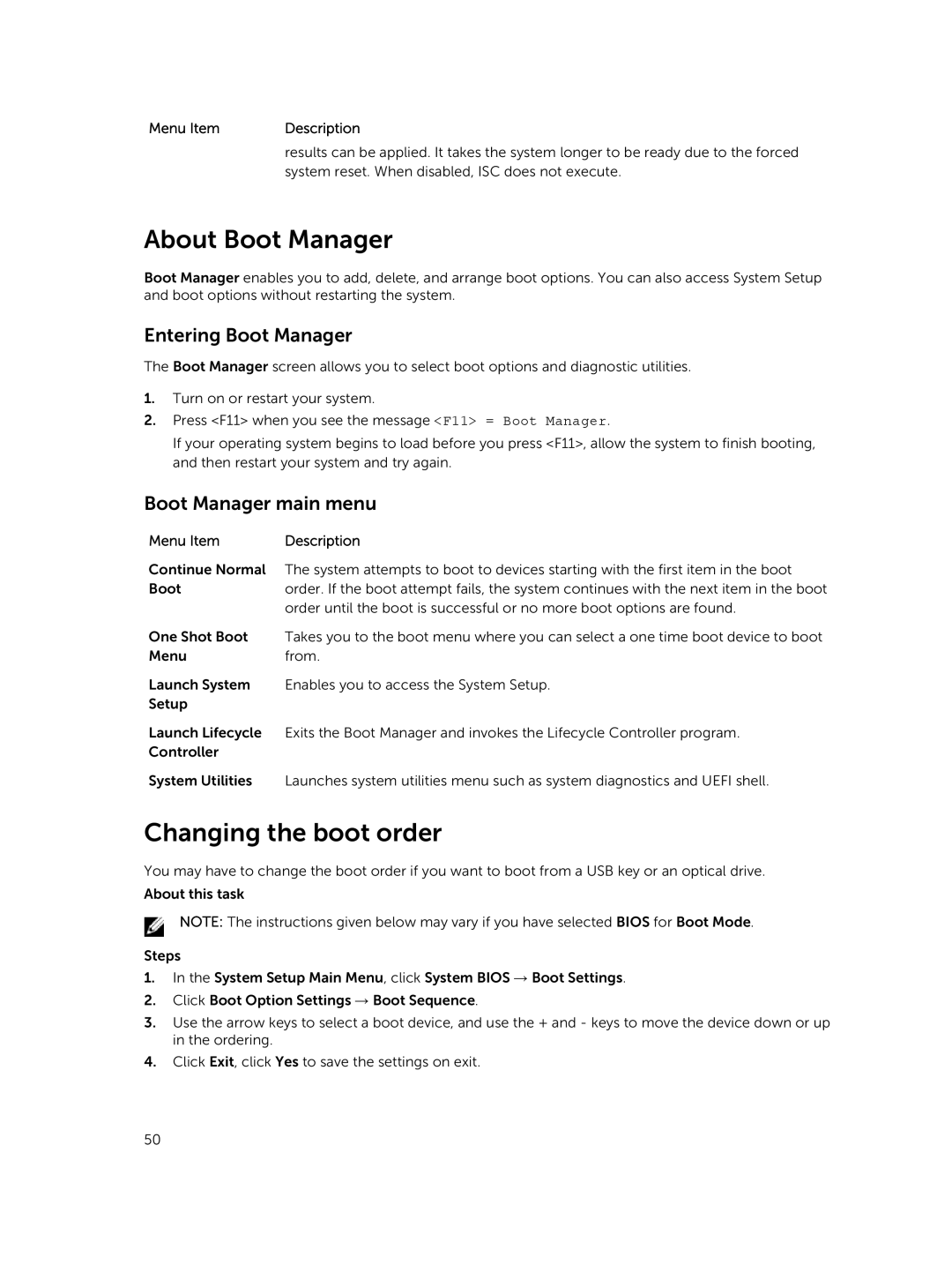 Dell R730xd owner manual About Boot Manager, Changing the boot order, Entering Boot Manager, Boot Manager main menu 