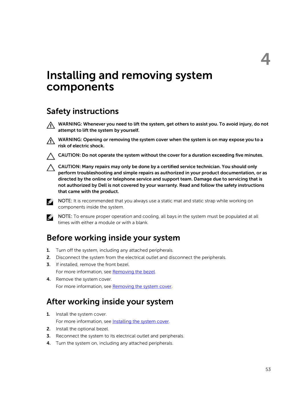 Dell R730xd owner manual Safety instructions Before working inside your system, After working inside your system 