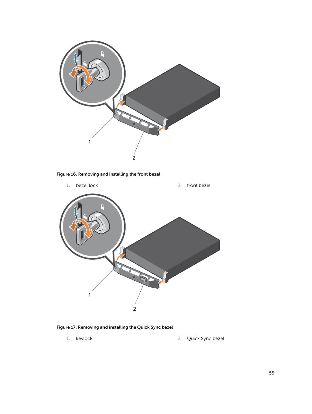 Dell R730xd owner manual Bezel lock Front bezel 